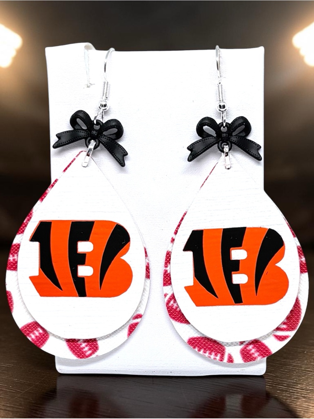 Kids Orange & Black Team Logo Teardrop Earrings with Black Bow